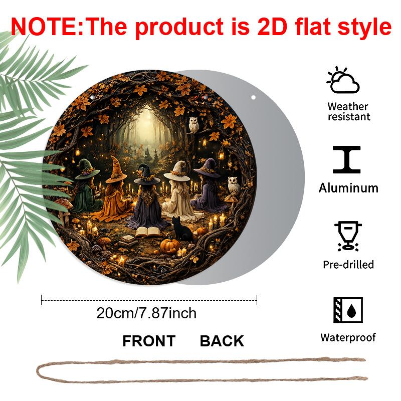 2D Flat, 1pc Round Aluminum Hanging Sign, Five Witches Gathering Dark Autumn Forest Owl Black Cat Pumpkin Print, Vintage Witchy Halloween Fall Front