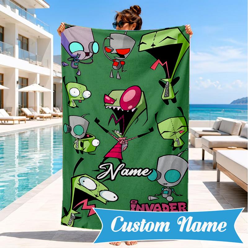 Custom Name Alien Expressions Collection Heart In Space Adventure Microfiber Beach Towel, Lightweight for Summer Travel, Swimming Pool Fan Gift