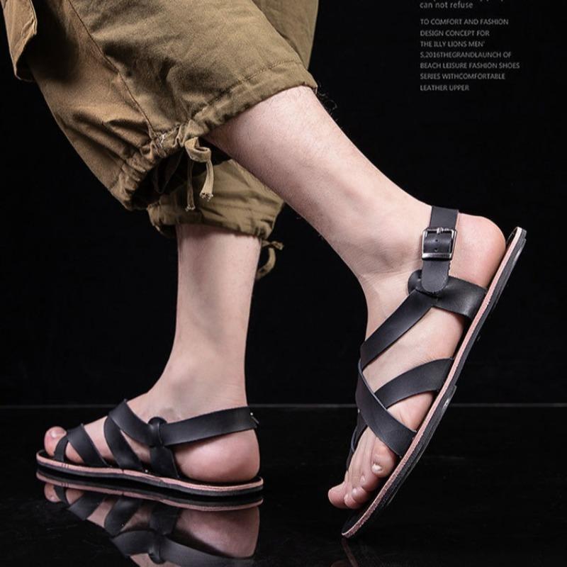 Fashion Genuine Leather Men Sandals Summer Retro Rome Sandals Design Open Toe Sandal Men Casual Flat Sandals Handmade Cowhide Sandalias