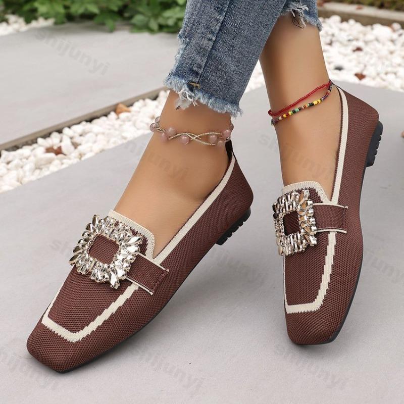 Women Flats Large Size Fashion Square Buckle Comfort Soft Breathable Loafers Outdoor Lightweight Versatile Knitting Flat Shoes
