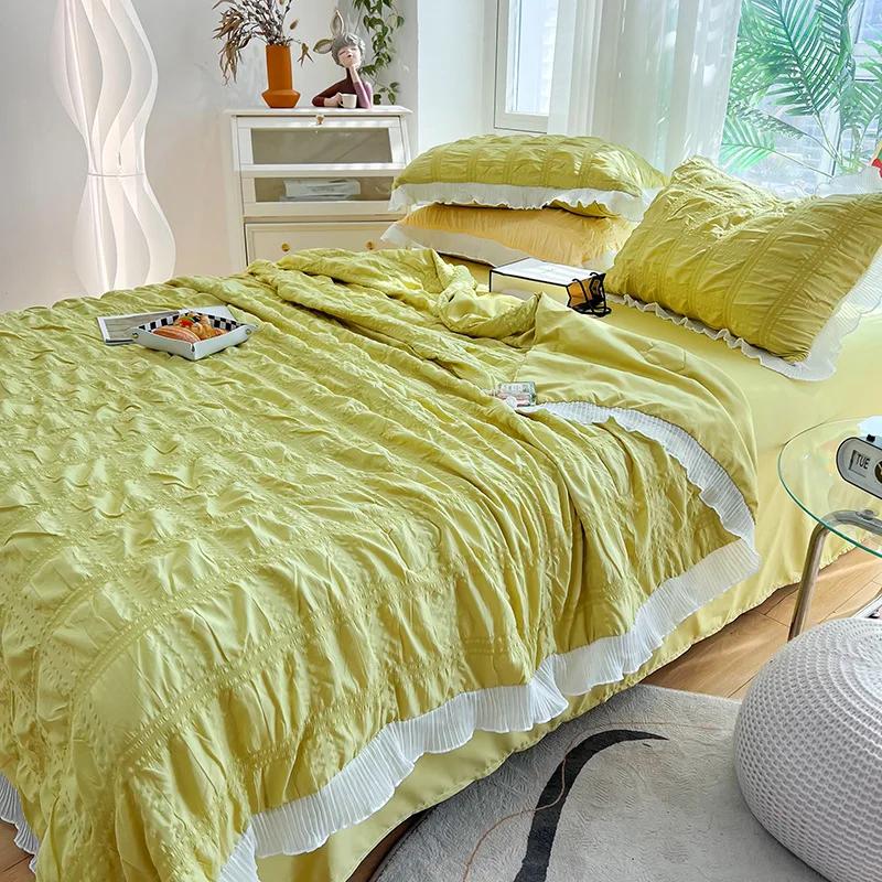 Princess Style Seersucker Summer Quilt Four-Piece Dormitory Chiffon Lace Airable Cover Machine Washable Thin Duvet