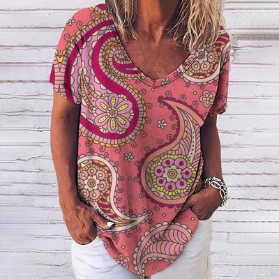 Vintage Print Top Women Short Sleeved Streetwear Summer Tee Women'S Fashion Casual V Neck T Shirts Y2k Oversized Female Clothing