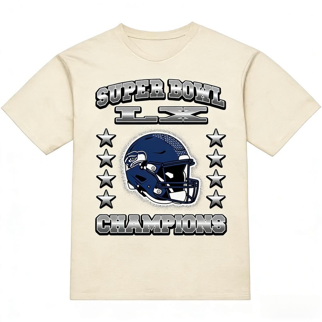 Super Bowl LX 2026 Seahawks Champion Commemorative shirt unisex Summer New Unisexs football 100cotton Short Sleeve Tshirt