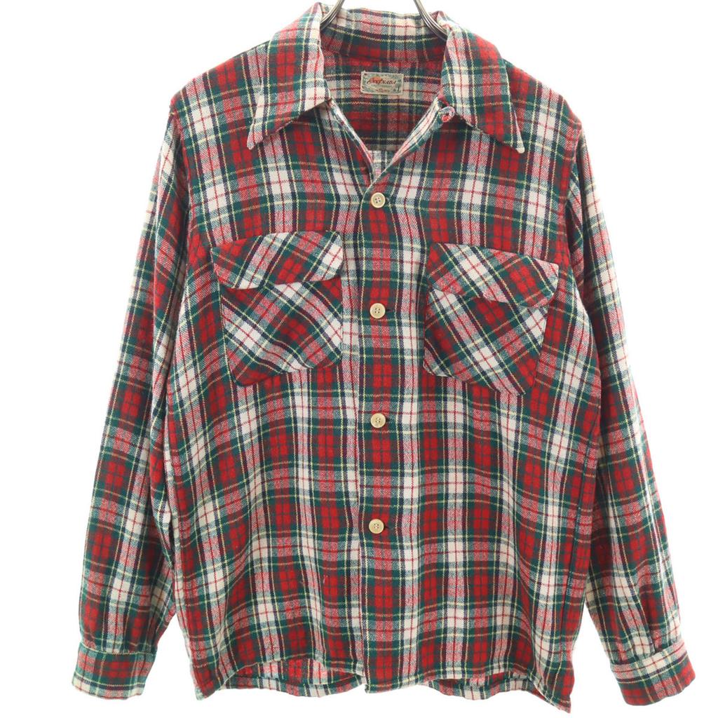 50s vintage Check Pattern Long sleeve Wool shirt S Red Men's Used