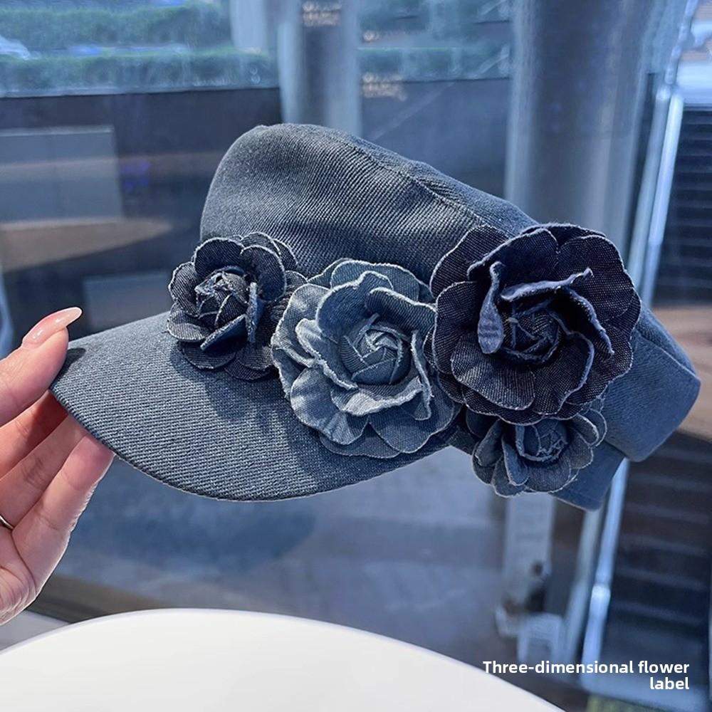 Korean Style Denim Camellia Beret Hat Artistic Painter Caps Casual Flower Flat Top Hat  Girl
