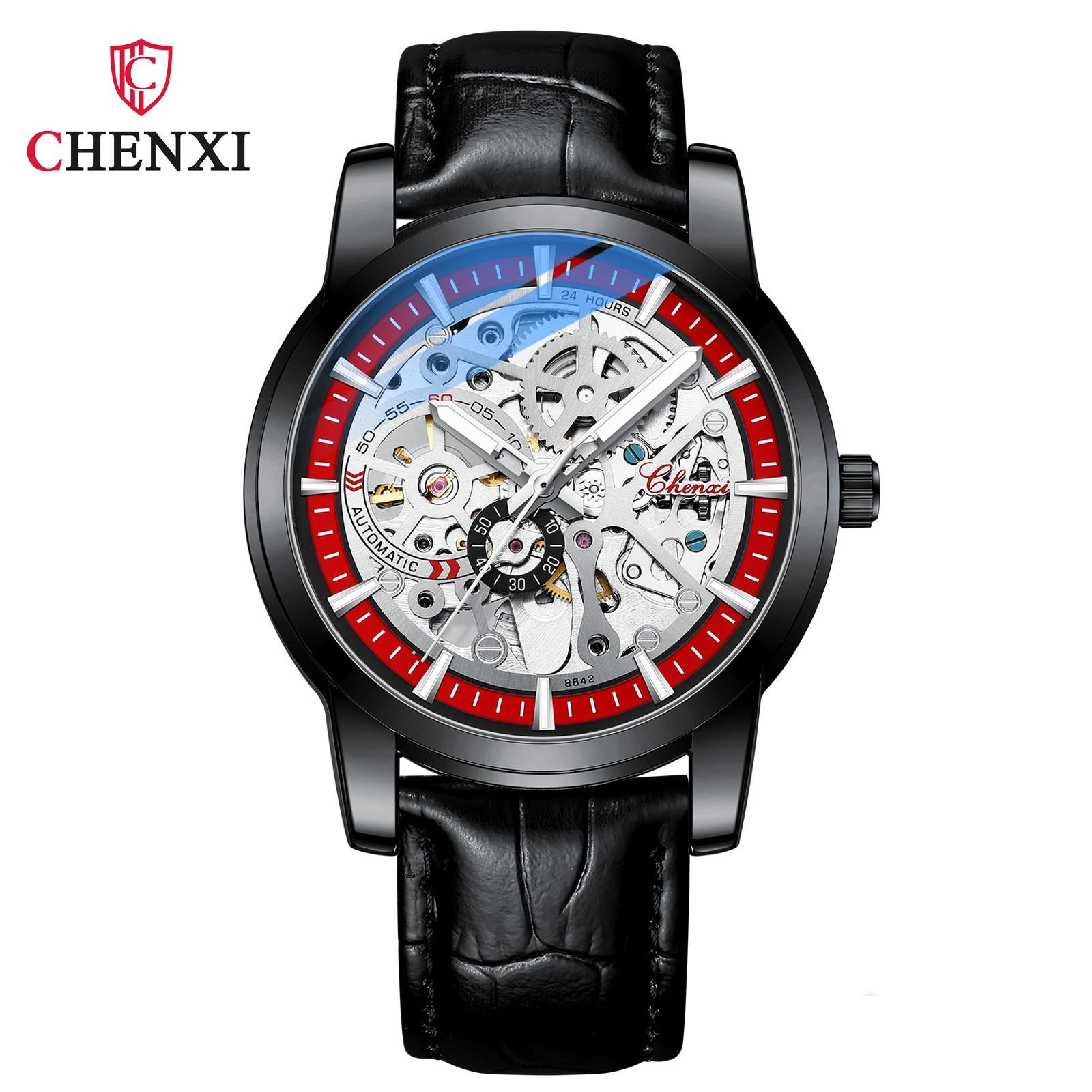 

Новые роскошные мужские часы ТОП-бренда с кожаным ремешком в коробке, мужские водонепроницаемые светящиеся автоматические полые мужские механические часы