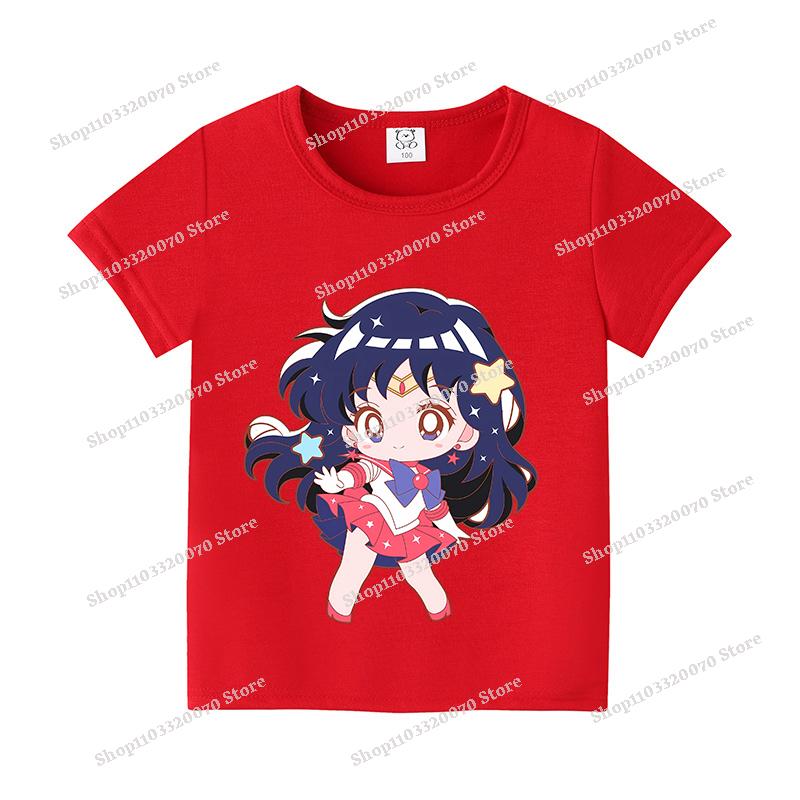 Sailors Moons Cotton T-shirt Sweet Anime Printed Girl Short Sleeve Cartoon Casual Kids Shirts Summer Child Tops