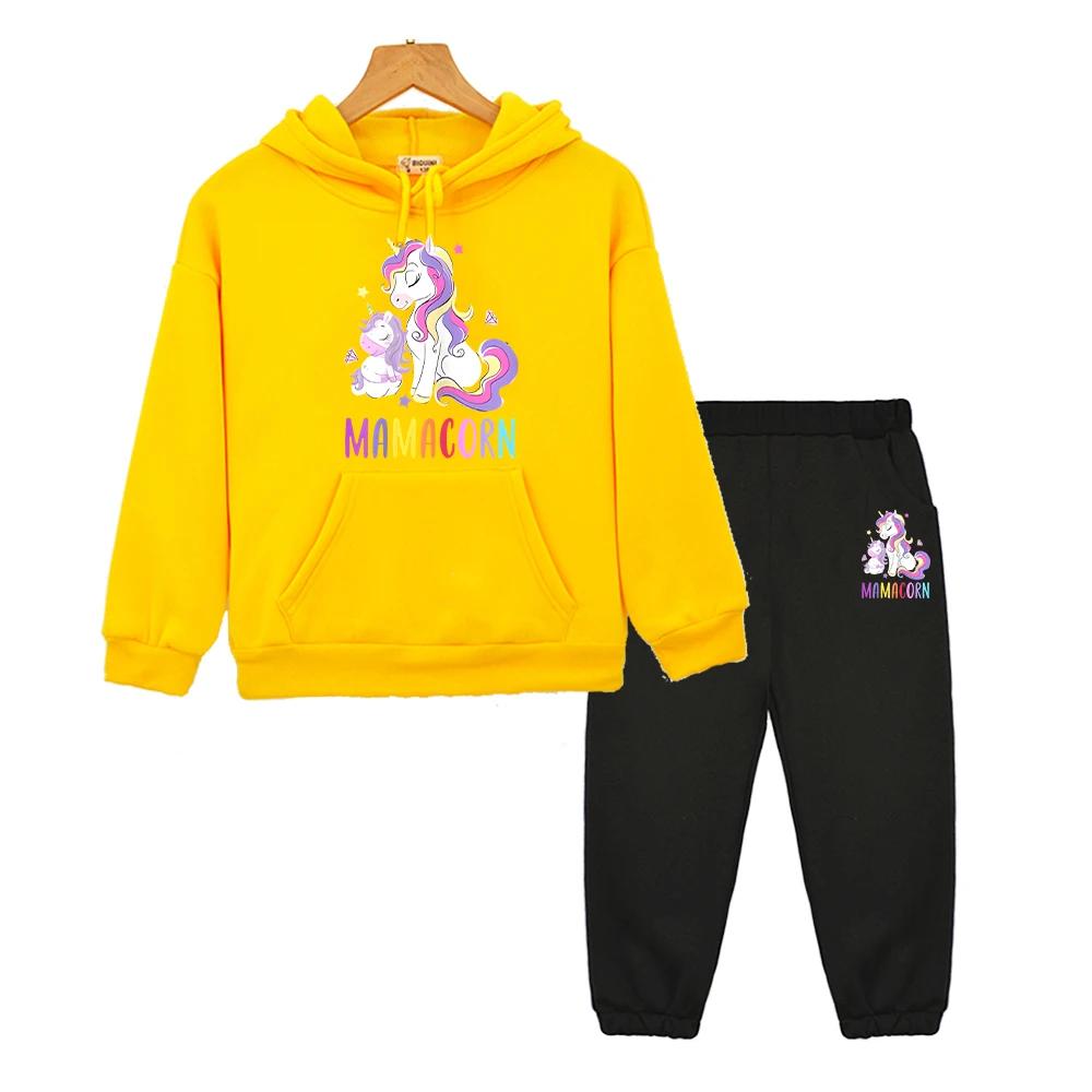 Unicorn Print Boys Girls Hooded Sets Kawaii Anime Hoodie Autumn Sweatshirt Fleece Pullover Cartoon 2PCS Jacket+Pants Kids Boutique Clothes