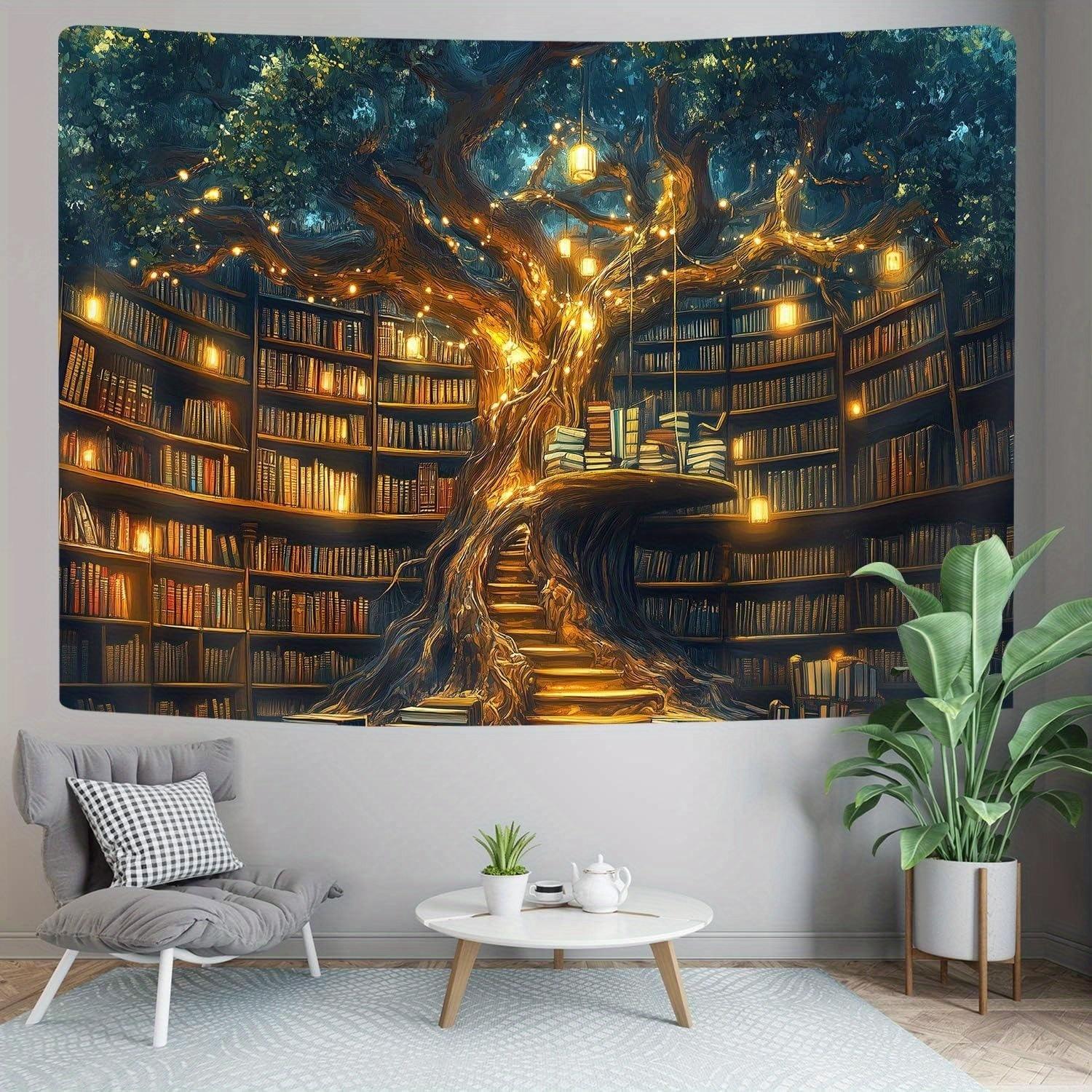 VIKAMAMysterious Bookshelf Mural Tapestry Bedroom Living Room and Office Interior Decoration Room Decoration 74x94cm(29x37in)