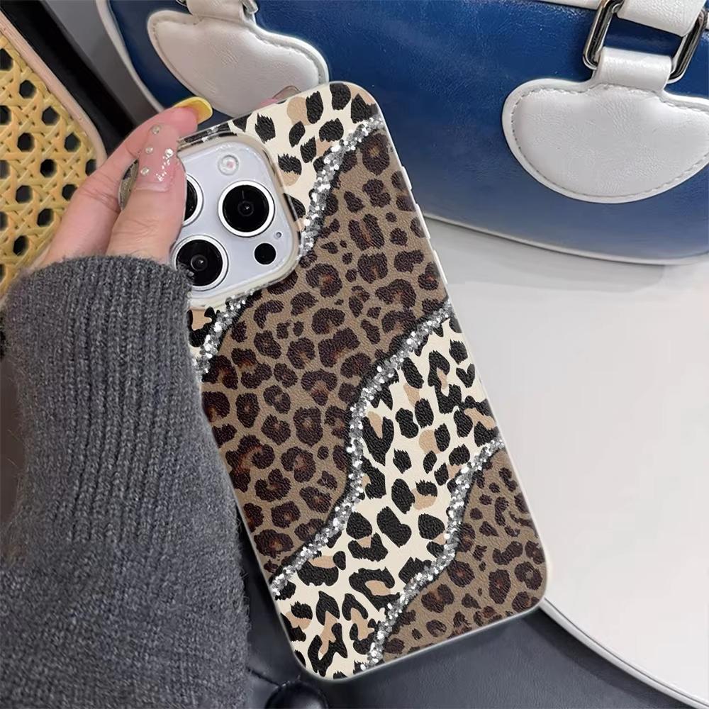INS Diamond Edged Leopard Print Silicone Phone Case For iPhone 17 17Air 13 16 15 14 12 11 Pro Max Lychee Grain Soft Cover Funda