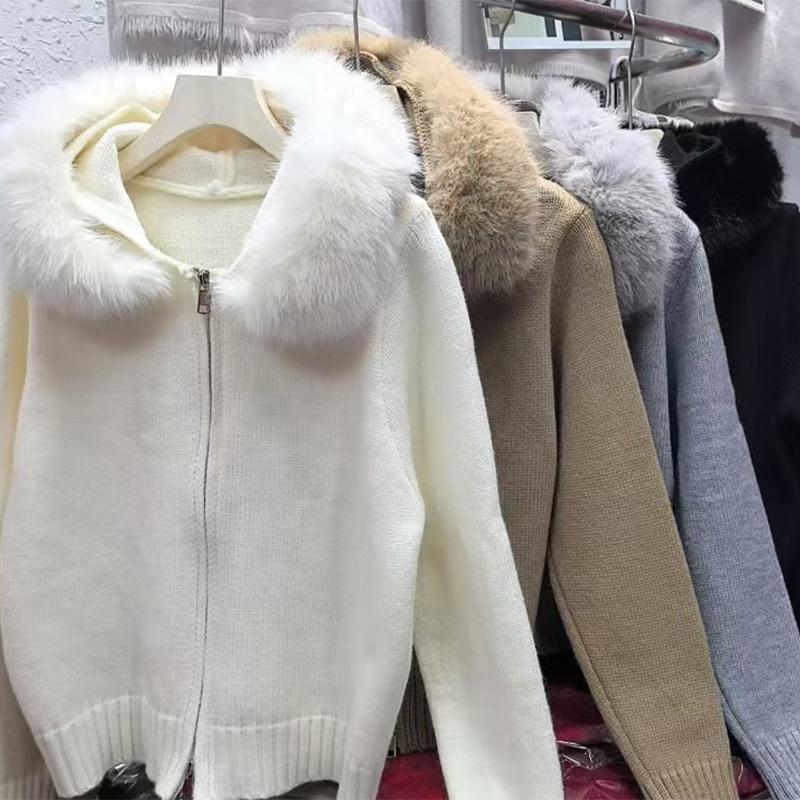 

Retro Hooded Knitted Cardigan Women s Loose Casual Long Sleeved Fur Collar Jacket Short Sweater Autumn 2025 One Size