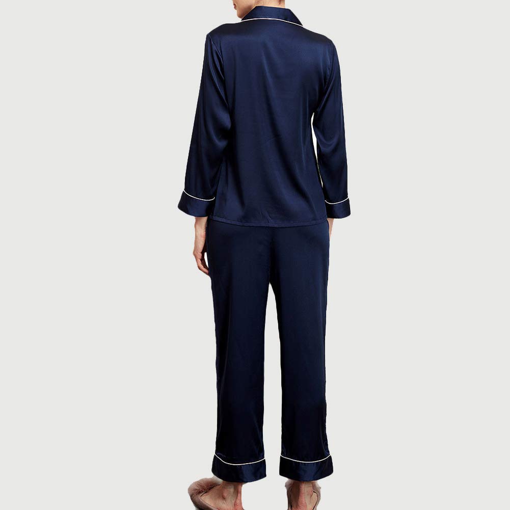 NANJUN Long Sleeves and Pants Lightweight Summer Women's Pajamas, Set, Open-Front, Satin, Loungewear, Nightwear, Spring, Autumn, (sy001navy-xl0)
