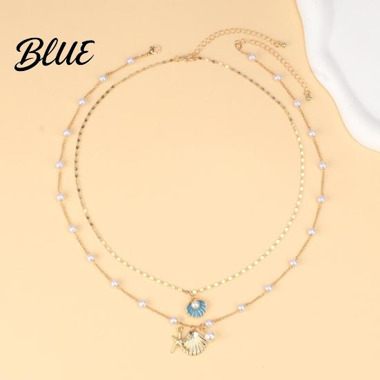 Shell Necklace Women Double-layered Starfish Charm Faux Pearl Decor Adjustable