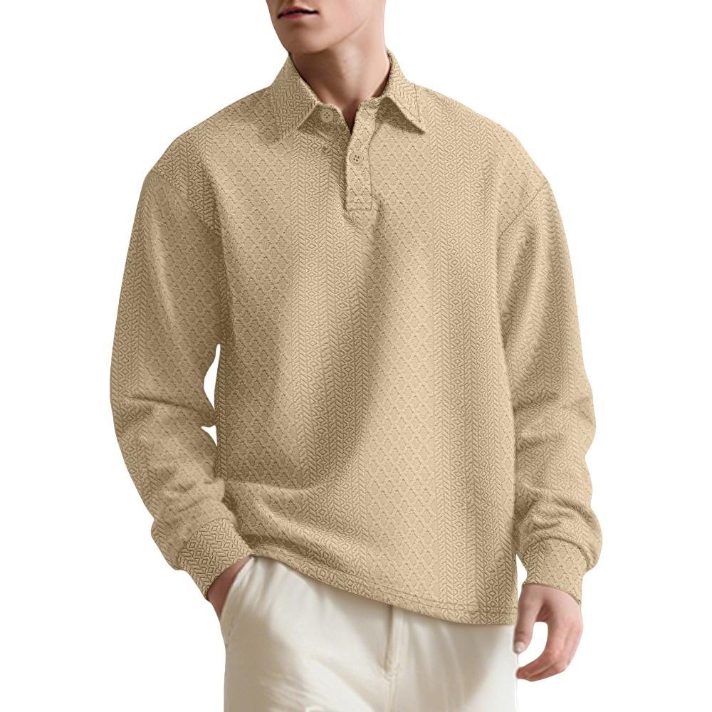 Jacquard Solid-Colour Button-Down Polo Shirt with Collar New Style Long-Sleeved Loose-Fit Men's Sweatshirt