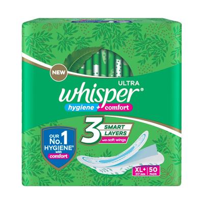 Whisper Ultra Clean Damenbinden für Damen | 50 dünne Binden | XL+ | Hygiene und Komfort | Weiche Flügel | Trockenes Oberlaken