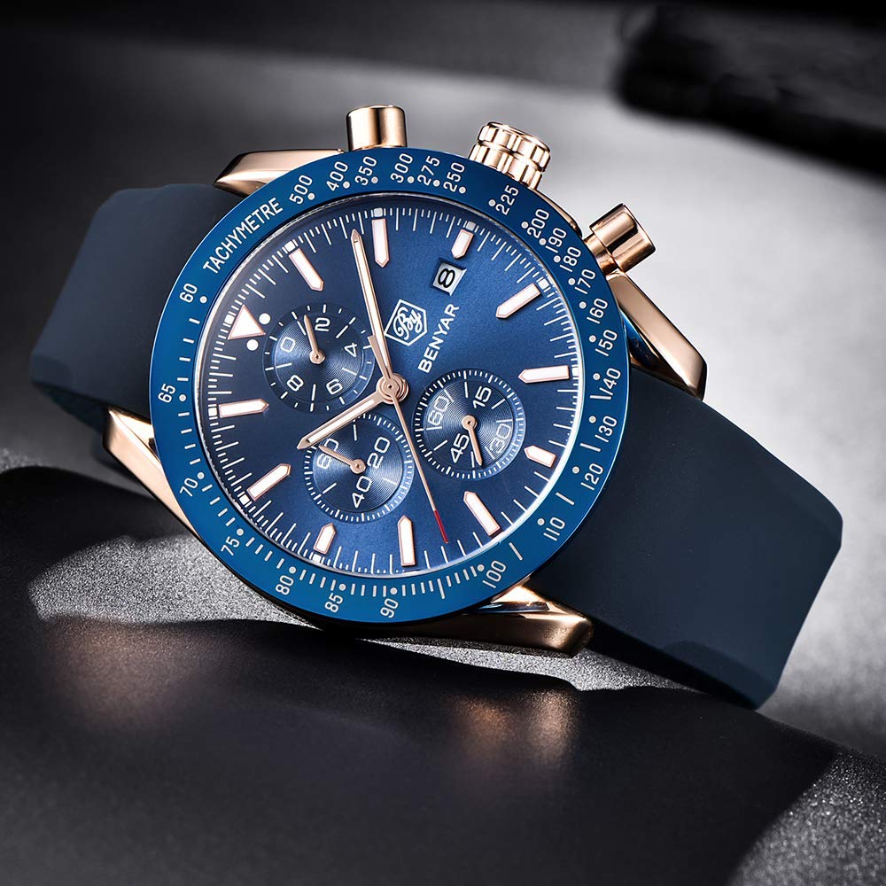 BY BENYAR Chronograph Analog 30M Water Leather Strap Quartz Blue Gift for Men Men's Watch, Resistant, Simple, Stylish, Popular, Formal, Movement,