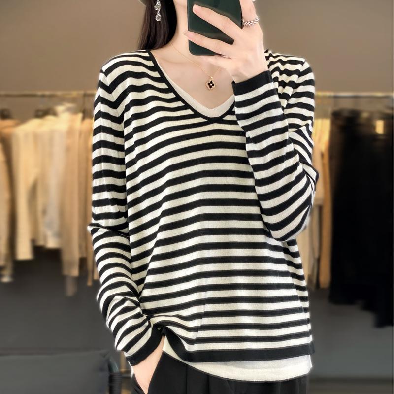 Women's Fashion Casual Stripe Print Autumn Winter Pullovers & Long Sleeves V-Neck Pullovers