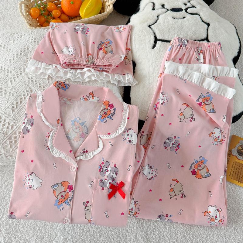 Sweet and Cute Puppy Style Casual Imitation Cotton Edge Pajamas Women's Summer Short-sleeved Three-piece Set