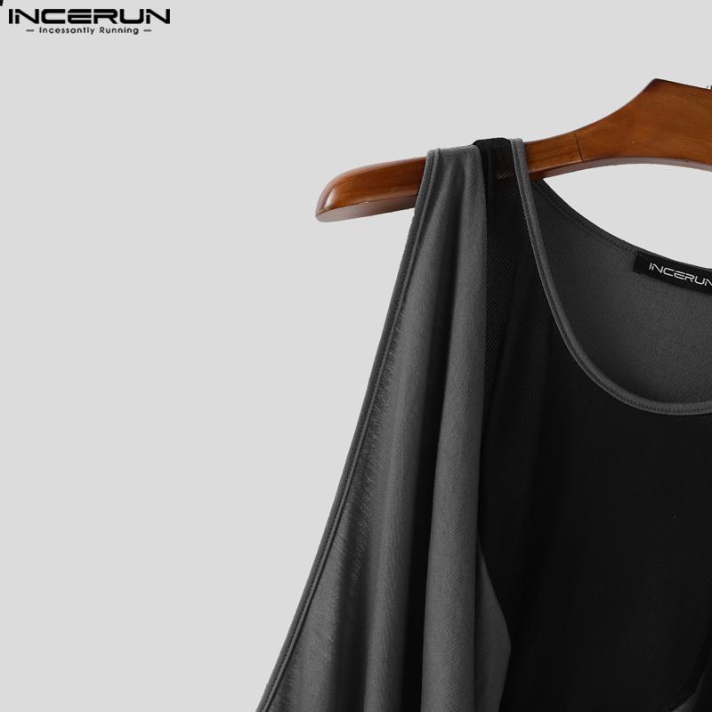 INCERUN Men Low Cut Swing Collar Sleeveless Mesh Patchwork Long Tank Tops Pajamas