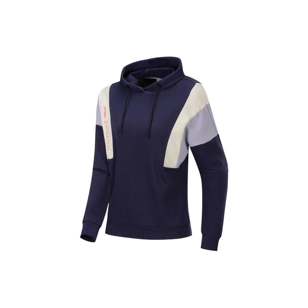 Li Ning Training Series Color Block Letter Logo Loose Pullover Hoodie Women hoodies Deep-Night-Blue AWDP616-1