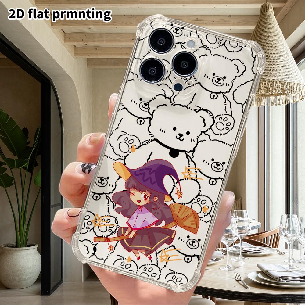Phone case: 2D flat, suitable for iPhone 18 17 16 15 14 13 Pro, transparent corner protection case, little witch, Christmas and Halloween gift