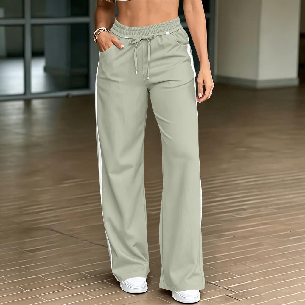 Women's High Waist Straight Leg Casual Pants with Tie Front and Patchwork - Loose Fit Color for Everyday Wear