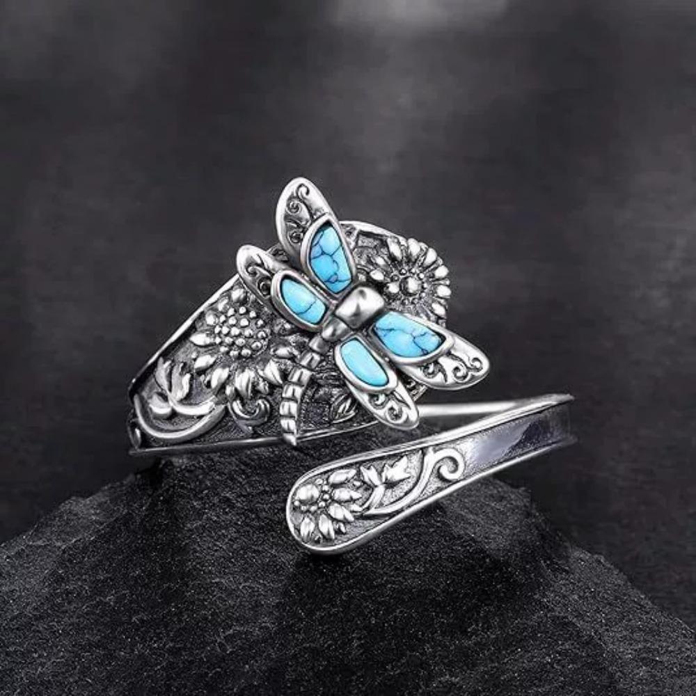Anello da donna vintage personalità bohémien turchese libellula girasole avvolgente
