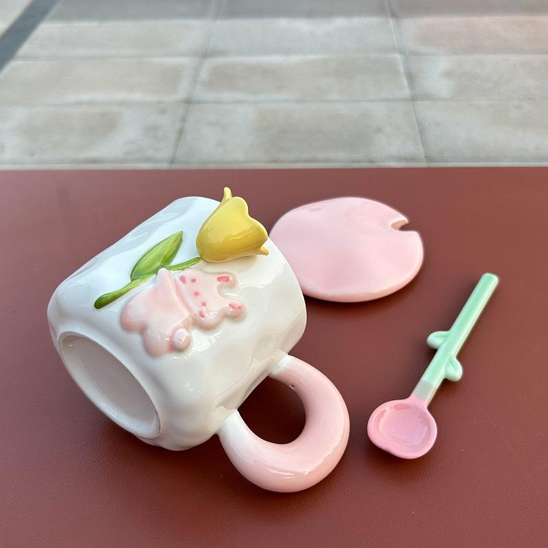 Cute Rabbit Ceramic Cup Tulip Cup Large Capacity Water Cup for Girls Household Gift with Cover Spoon Ceramic Cup