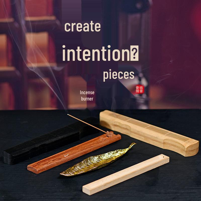 

Gold Leaf Alloy Creative Incense Holder - Pear Wood Sandalwood Stick Incense Burner with Fuxi Ancient Zither Design. Bamboo Incense Stick Holder