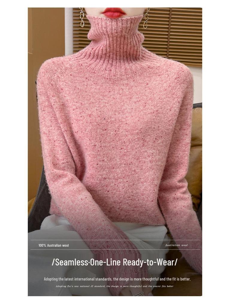 Damski sweter z wysokim dekoltem, o luźnym kroju, wykonany w 100% z wełny - Gruby, wszechstronny dziergany pulower na jesień i zimę