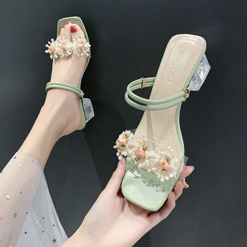 Roman Small Fresh Women's Shoes Summer Sandals Women's 2025 New Two Wear High-heeled Slippers Flower Thick-heeled Cool Slippers
