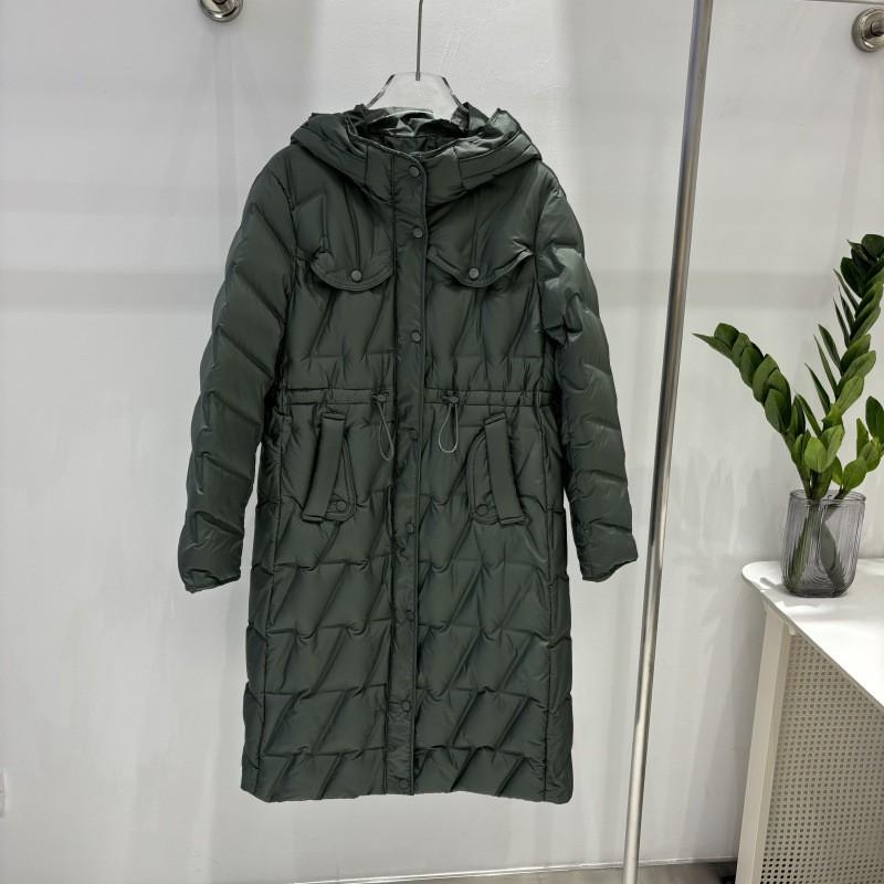 Womens Mid-Length Down Coat With Hood Slim Fit Knee-Length Lightweight Warm Outerwear In Black Beige Coffee Forest Green