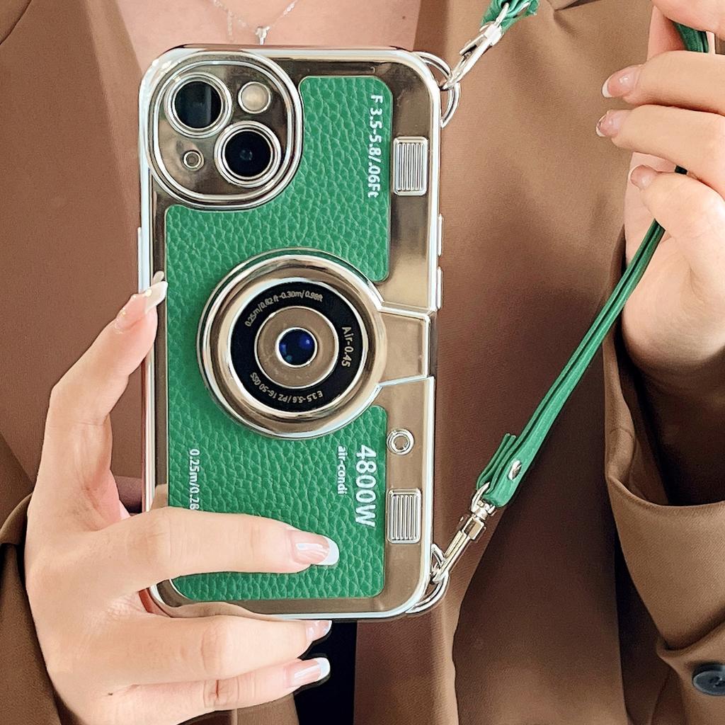 Retro electroplated camera for iPhone16Pro max mobile phone case Apple 15 new 14/13 leather pattern portable