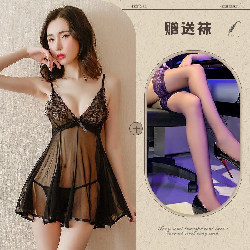 Sexy mesh pajamas erotic underwear perspective nightdress set suspender halter lace erotic loungewear