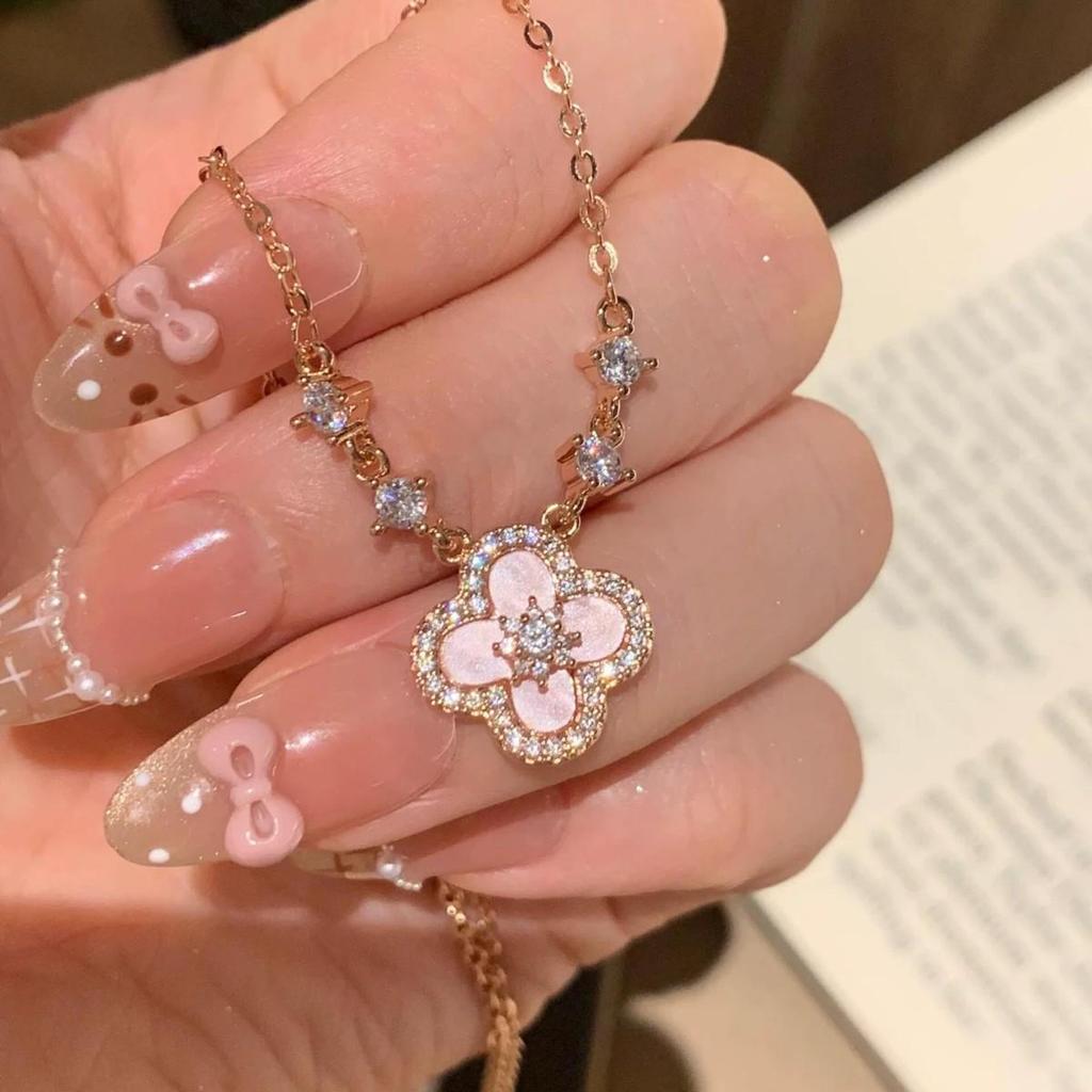 Rosa Muschel Diamant Vierblättriges Kleeblatt Halskette - Damen Luxus Elegant Vielseitig Schlüsselbein Kette