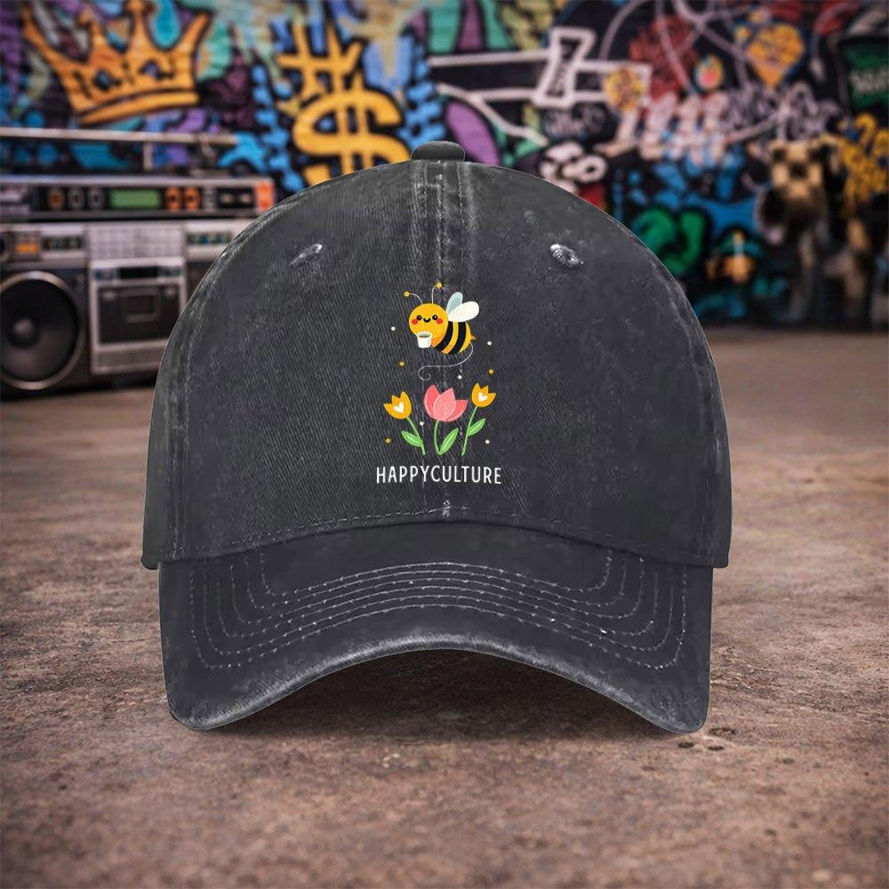 Pc Unisex HAPPYCULTURE Bee Coffee Vintage Washed Baseball Cap Unisexs Trendy Hat Versatile Duckbill Cap Fun Print A Uniqu