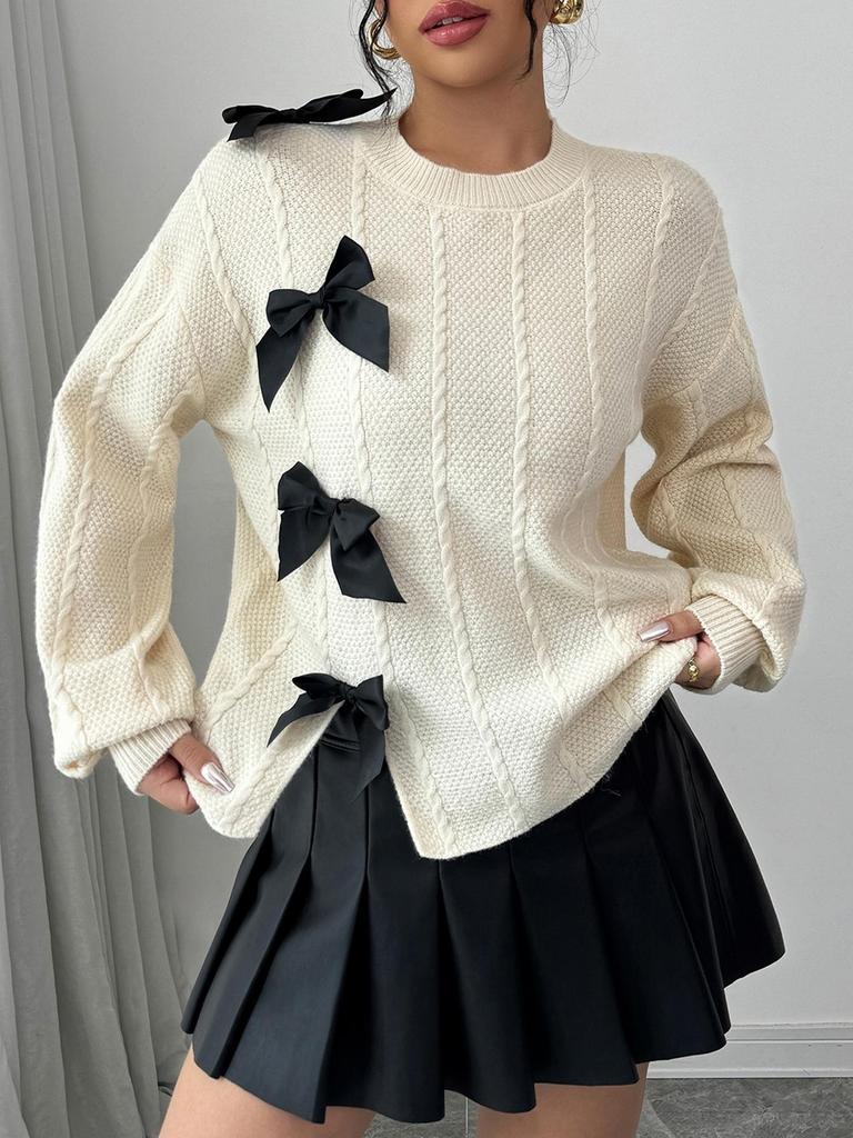 Women's Bowknot Pullover Sweater - 2026 Lazy Style with Slit Design