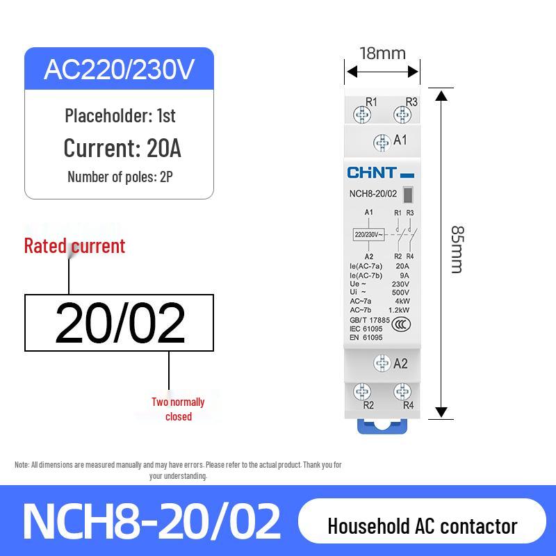 Chint NCH8-20/20 Silent AC Contactor, Single-Phase, 220V, 24V DIN Rail Mount