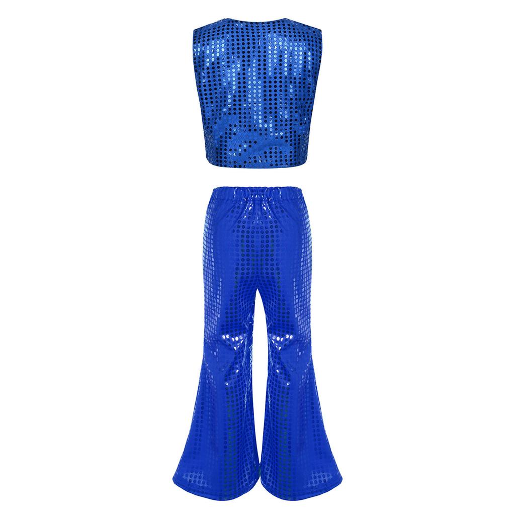 Kids Dance Costume Sparkly Sequined Waistcoat and Flowy Flared Pants Elastic Waistband Party Wear