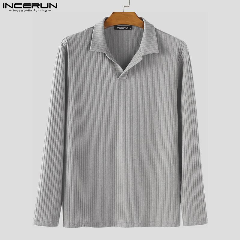 INCERUN Autumn Winter Men Lapel Neck Long Sleeve Casual Texture Rib Pullovers Tops
