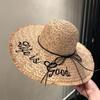 Straw Hat Woven Embroidery Letters Oversized Brim Straw Hat Women's Summer Outdoor Face Small Sunshade Sun Protection Beach Sun Hat