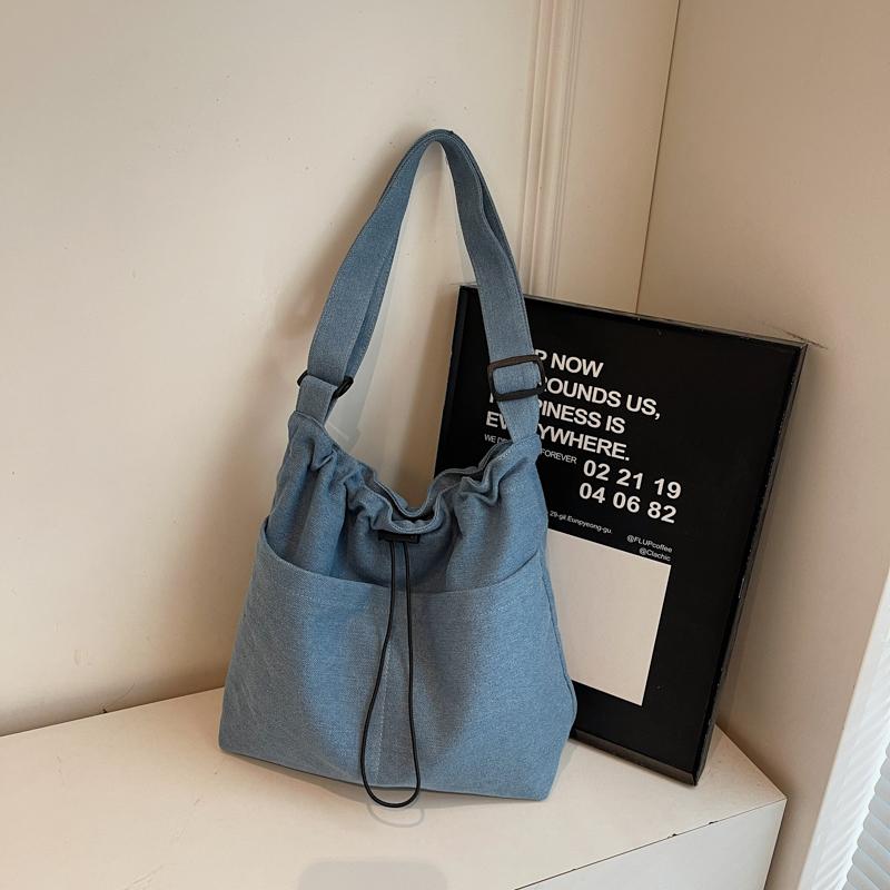 Large Capacity Drawstring Bucket Bag Women's Denim Crossbody Bag Commuter Shoulder Bag