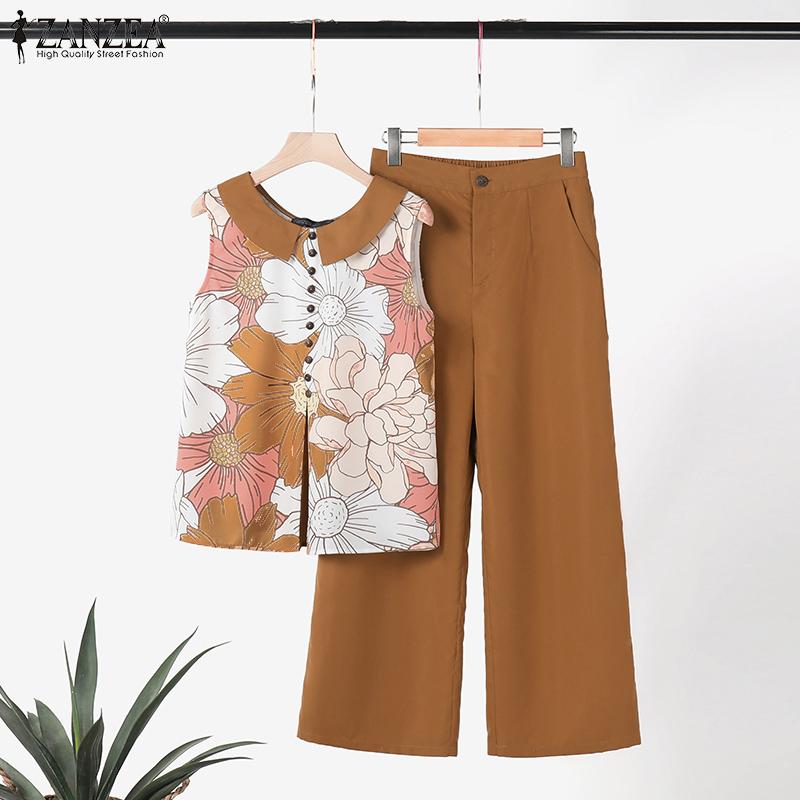 

ZANZEA Женские топы и брюки с принтом, повседневные комплекты из двух предметов