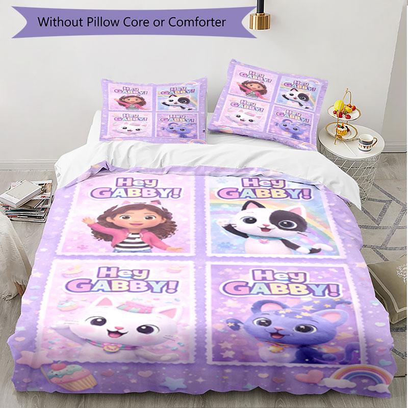 Set cuvertură de pilota 3 buc (1 * Husă de pilota + 2 * Față de pernă, Fără Miez), Set de așternut moale pentru toate anotimpurile cu imprimeu Casa Păpușilor a lui Gabby, Cadou Decor Dormitor Acasă