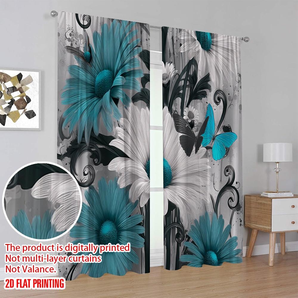 2pcs,2D Plane Printing Curtain Fabric Butterfly Bloom Versatile Polyester (without Rod) Decorations Inside for Season Home Decor