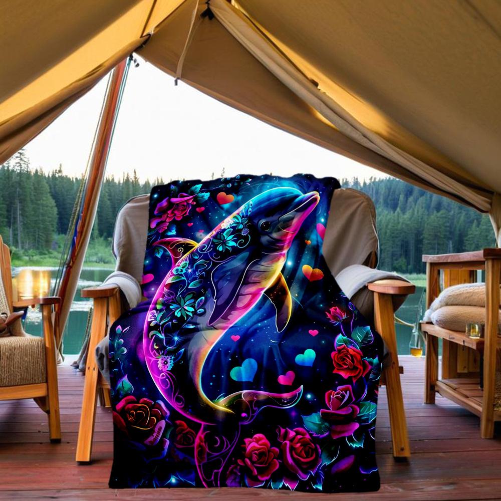 1pc Dolphin Flowers Flannel Blanket, Comfortable and Warm Blanket, for Camping Sofa Bed and Couch Office018