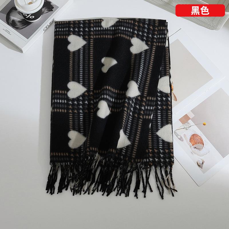 Double Side Heart-Shaped Checkered Scarf Female Winter Korean Fashion Versatile Shawl Thickened Outer Scarf Warm Neck Protection