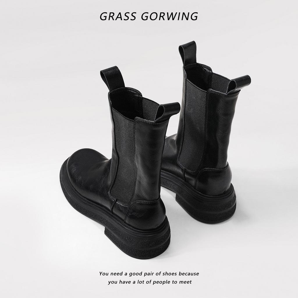 Leather Retro Platform British Style Chelsea Short Boots Women's Autumn and Winter Velvet Medium Tube Pleated Cigarette Boots Martin Boots