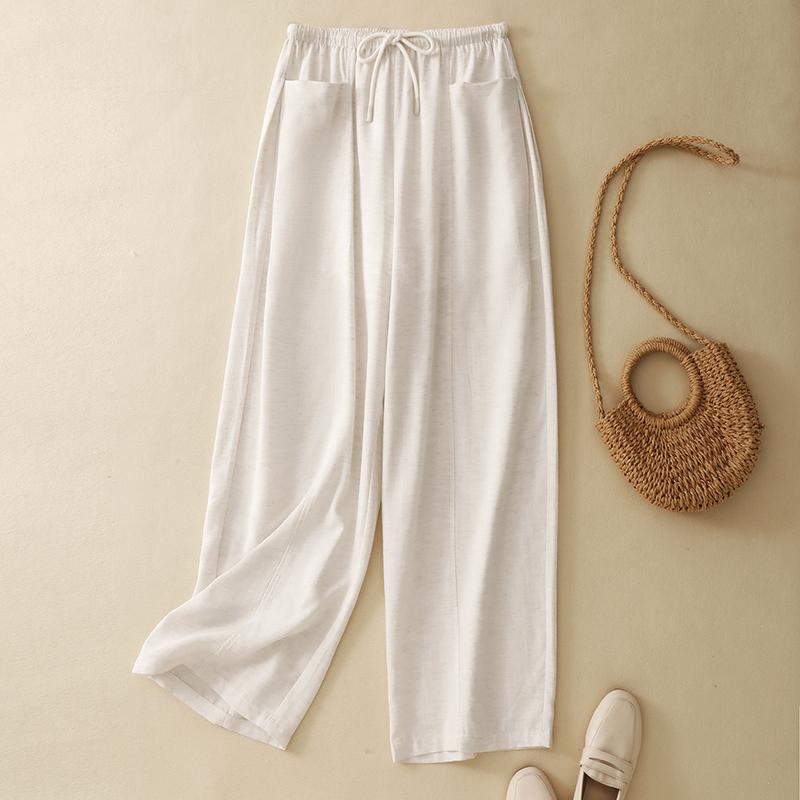DIMANAF 2026 Summer New Plus Size Women Long Pants Elastic Waist Cotton Linen Vintage Loose Casual Lady Bottoms Clothing