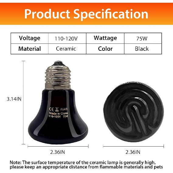 BNOSDM Reptile 75W Ceramic Heat Emitter,4 Pack Reptile Heat Lamp Bulbs,Non Light Emitting,Brooder Coop Heater Lamp Bulb for Amphibian Reptile Lizard